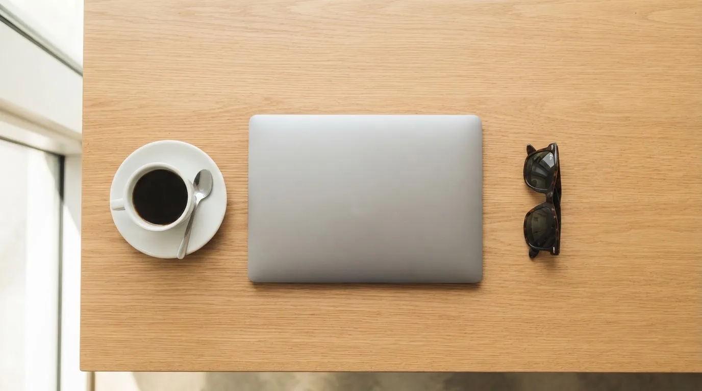 Madártávlati fotó rendezett íróasztalról: kávé, napszemüveg és egy zárt laptop, nyugodt, átlátható összkép, felirat nélkül.