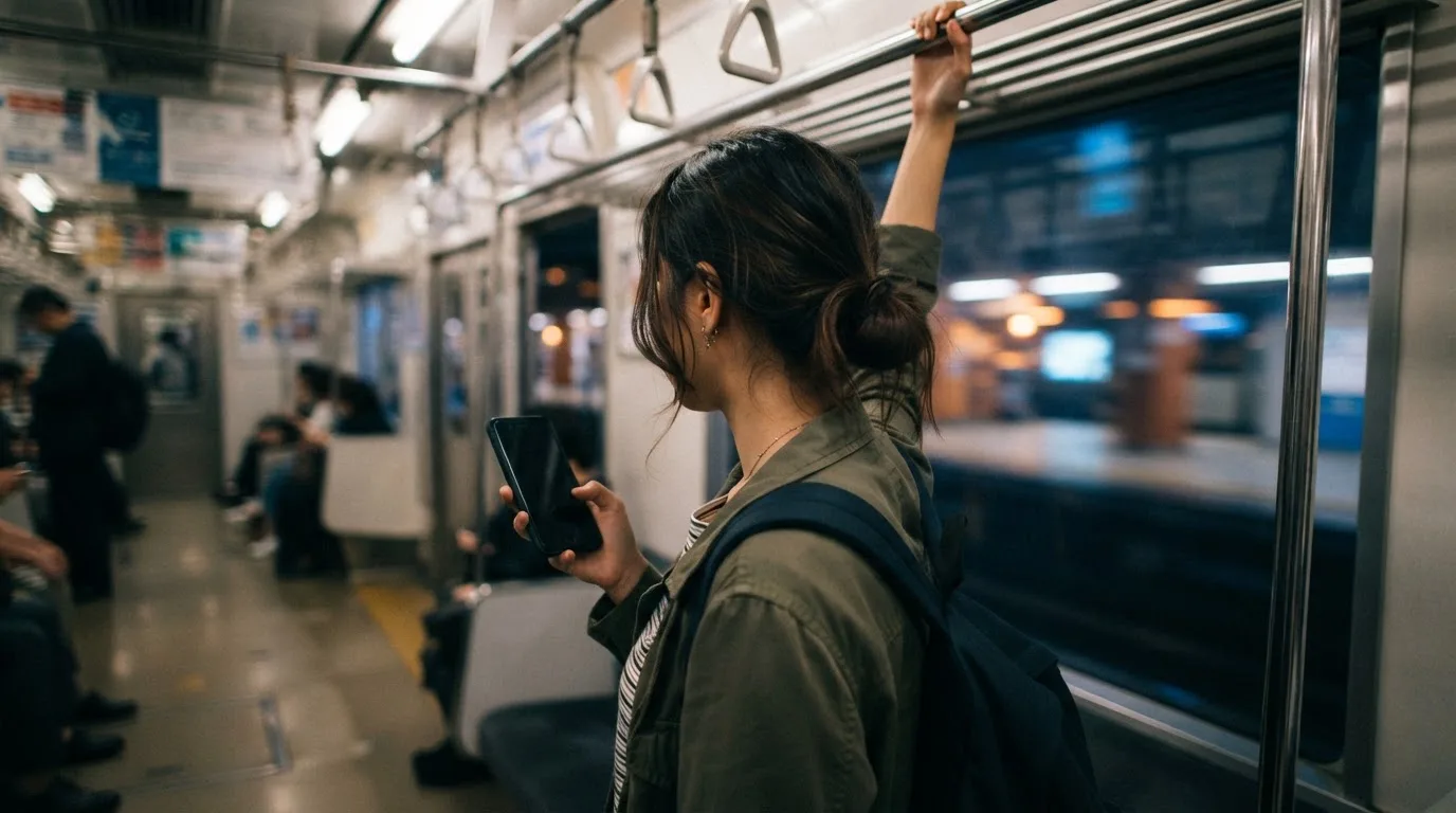 Fiatal nő a metrón okostelefont tart a kezében, a kijelző nem látszik, az ablakon át elmosódó város fényei látszanak.